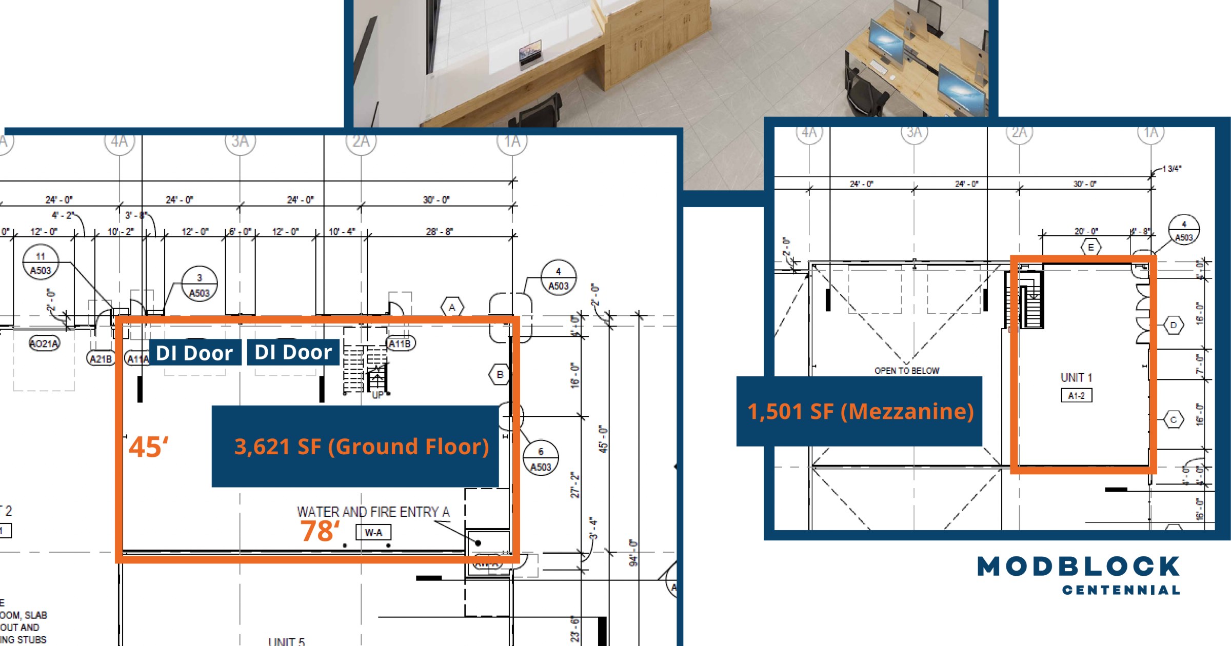 Block A Unit 1 annotated floor plan showing 3,621 SF ground and 1,501 SF mezzanine