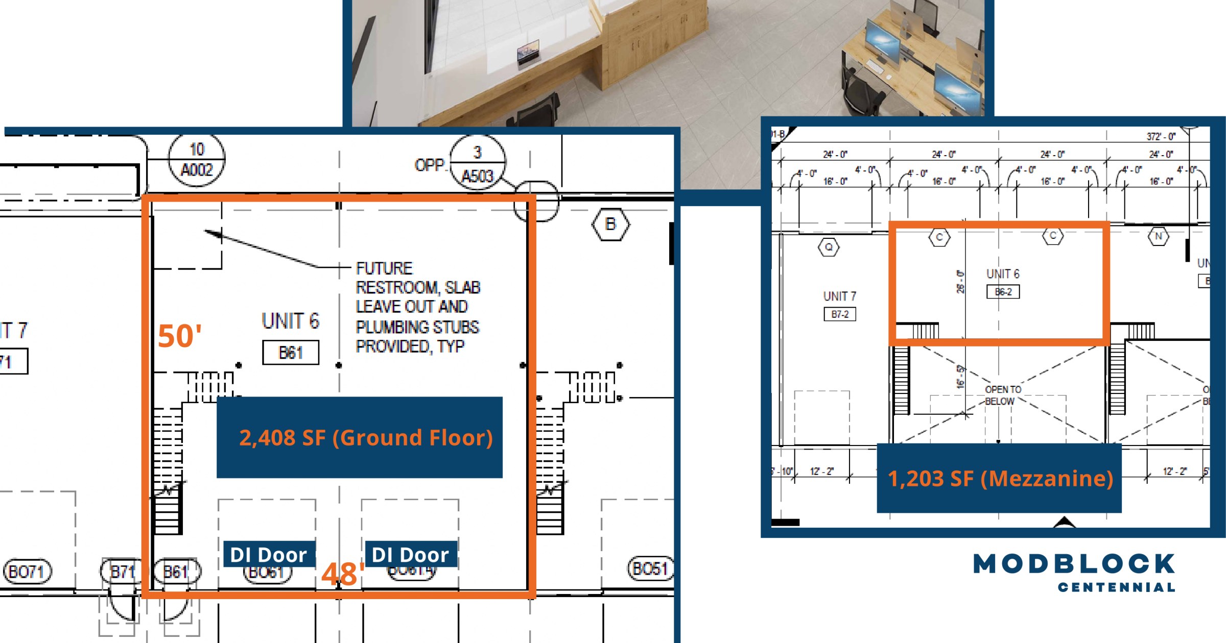 Block B Unit 6 annotated floor plan: 2,408 SF ground + 1,203 SF mezzanine