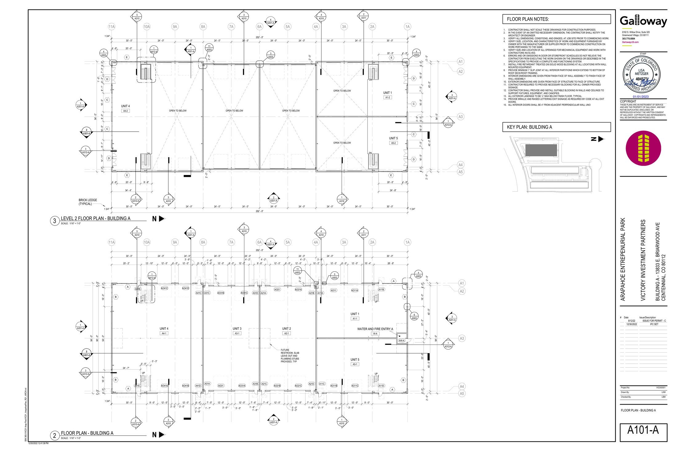 Block A floor plan showing ground floor and level 2 mezzanine layouts