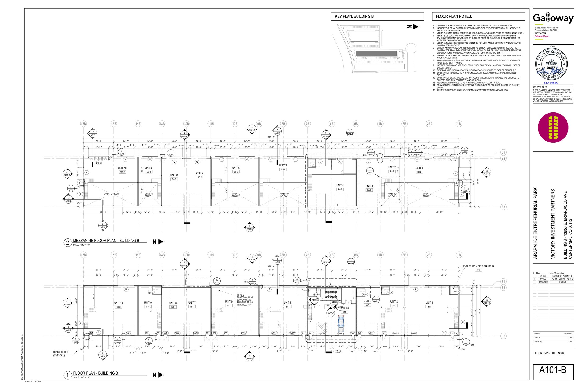 Block B floor plan showing ground floor and mezzanine layouts