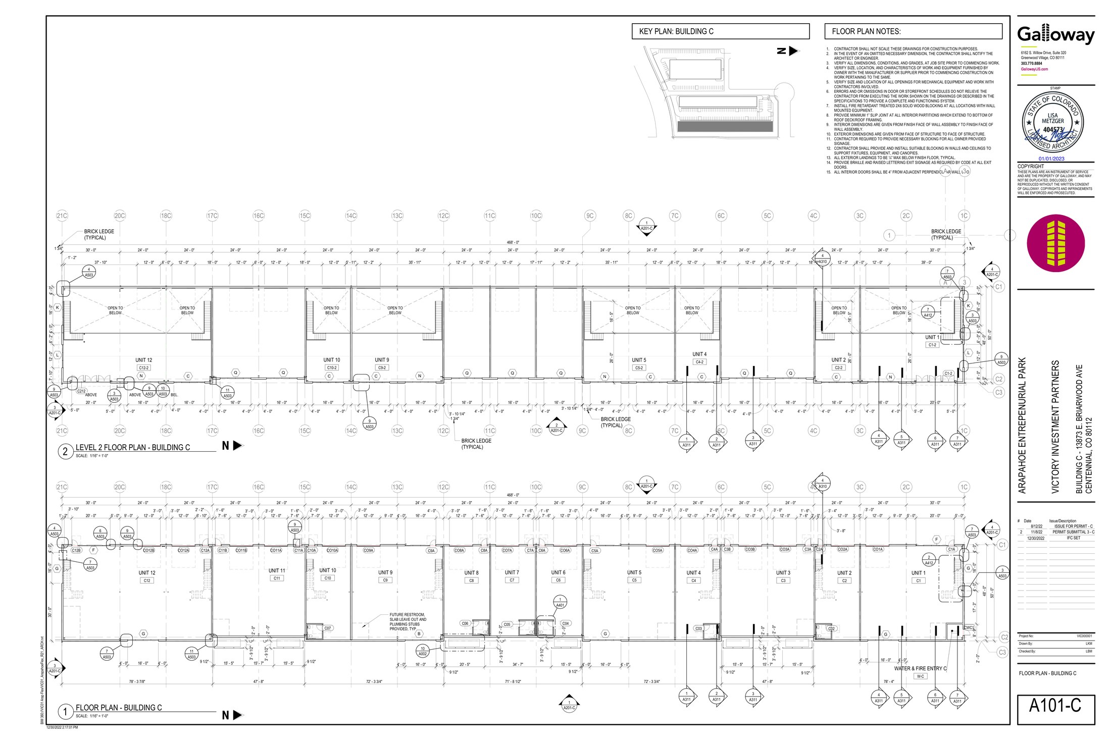 Block C floor plan showing ground floor and level 2 mezzanine layouts