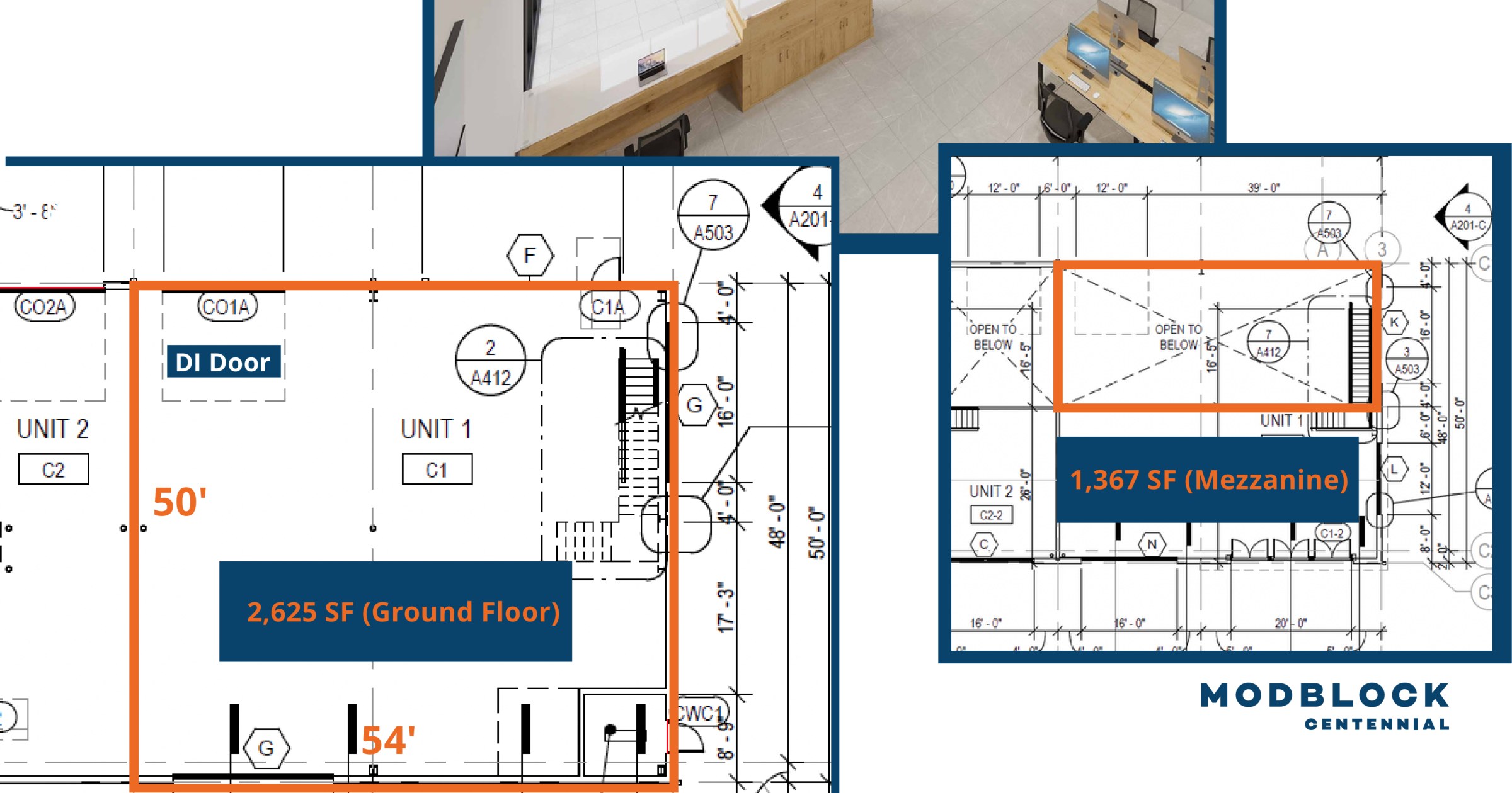 Block C Unit 1 annotated floor plan: 2,625 SF ground + 1,367 SF mezzanine