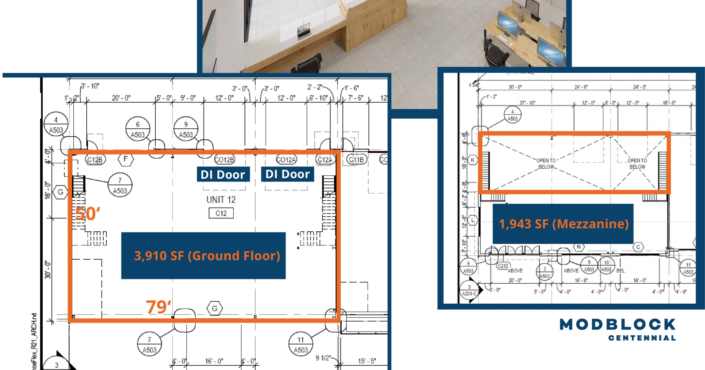 Block C Unit 12 annotated floor plan: 3,911 SF ground + 1,943 SF mezzanine