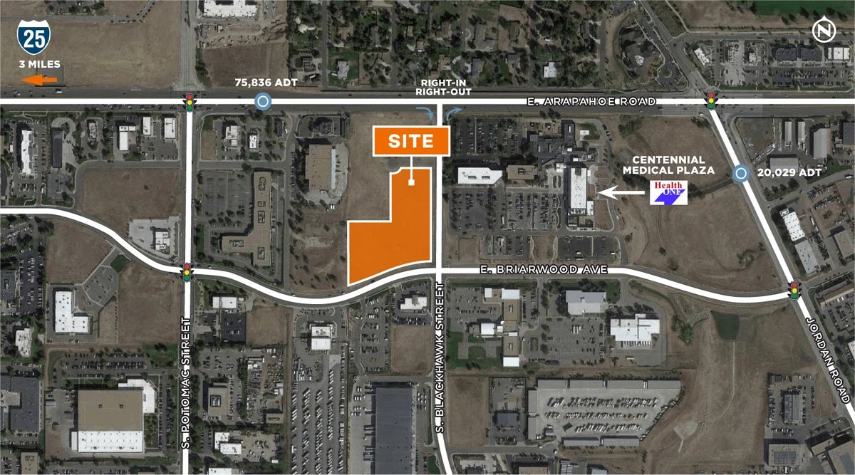 Site map showing ModBlock Centennial parcel with Arapahoe Rd, Briarwood Ave, and Blackhawk St