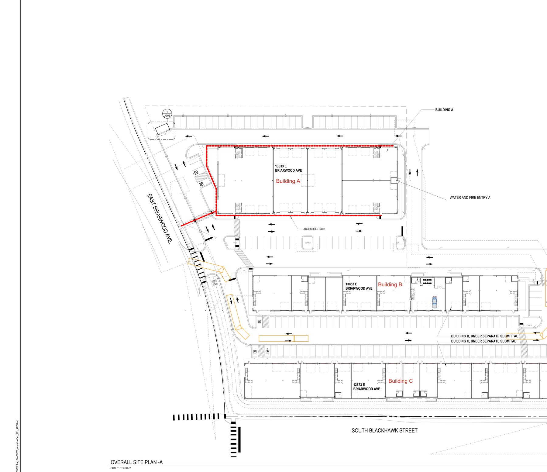 ModBlock Centennial overall site plan showing Buildings A, B, C arranged west to east
